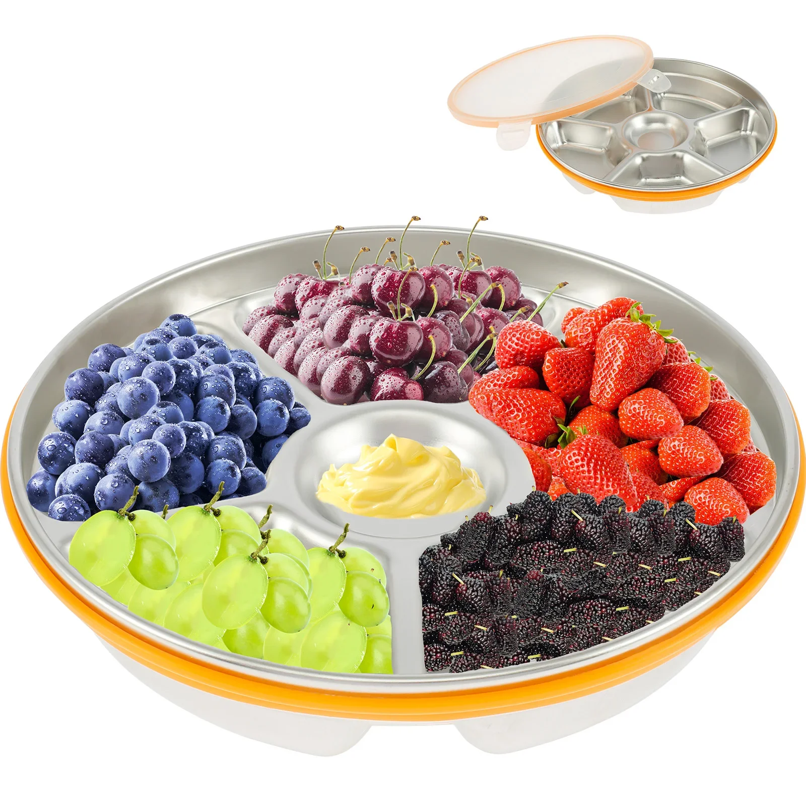 201 Stainless Steel Split Serving Trays 6 Compartments Snack Platter Organizers with Sealed Lids Leak-proof Kitchen Storage Box