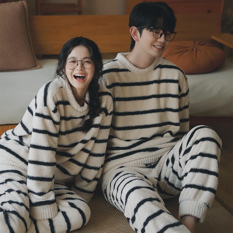 

Комплект домашней одежды для пар с флисовой подкладкой, утепленный, женский фасон, осенне-зимняя пижама с длинным рукавом, отложным воротником и рукавами-фонариками