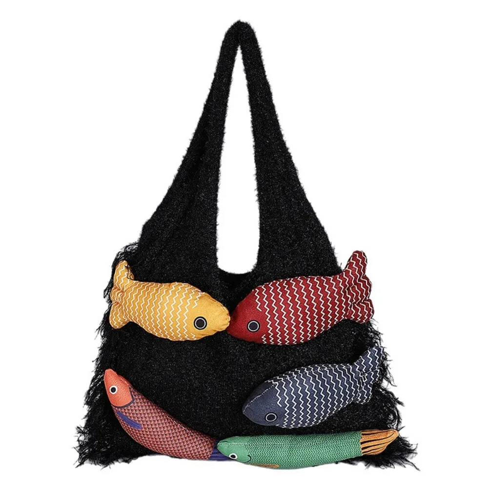

Casual Fish Pattern Woven Bag Large Capacity Contrast Color Knitted Tote Bag Korea Style All-match Boho Shoulder Bags Daily Use