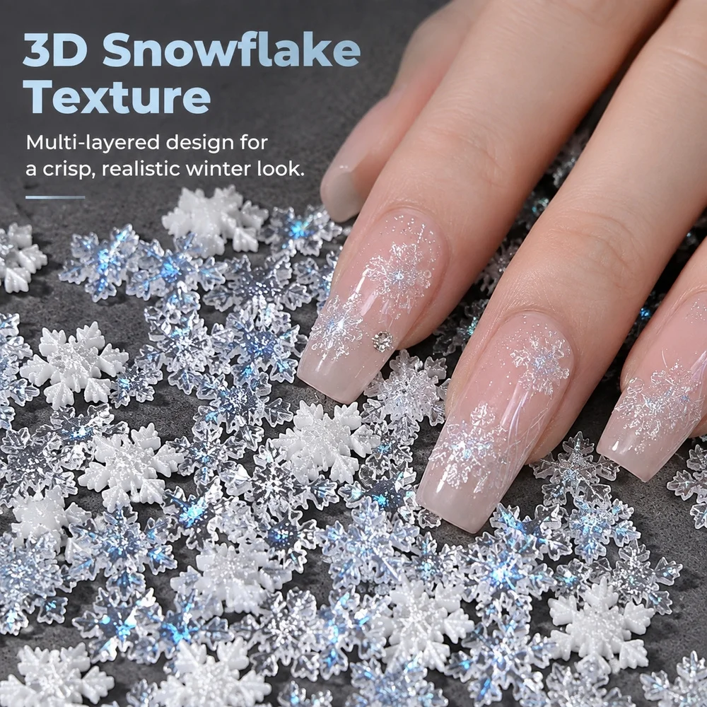 50Pcs Xmas Snow Flake Nail Charms Multi‑Size Resin Christmas Decor Accessories For Women Festive Handmade Nail Ornament Projects