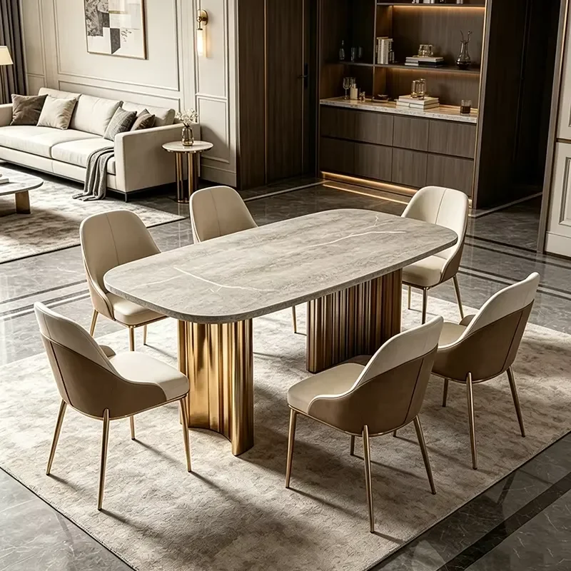 Royal Dining Table Set Commercial Customized Gold Stainless Steel Dining Marble Table