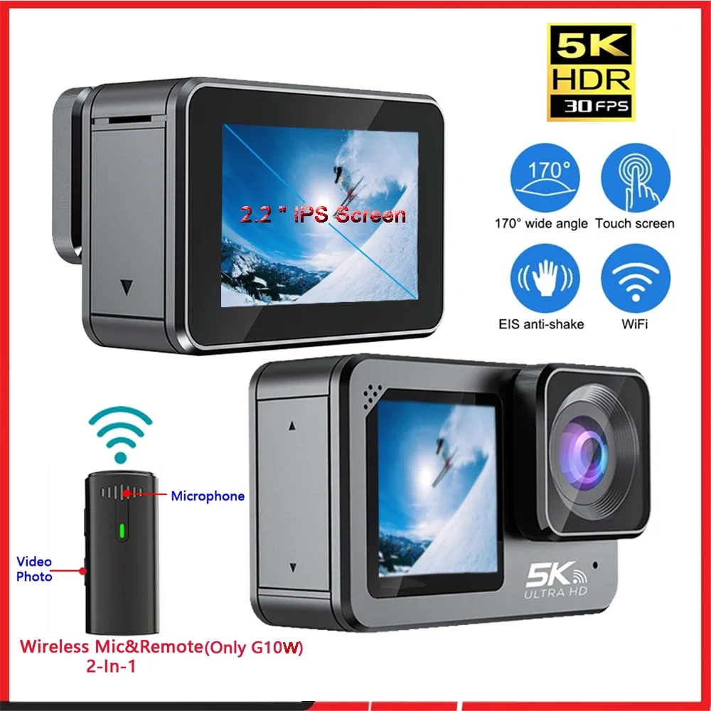 

F6W Wireless Mic Action Camera 5K 4K60FPS 48MP 2.2" Touch LCD EIS Dual Screen Wi-iFi 170D Waterproof 30M 8X Zoom Pre Record Cam