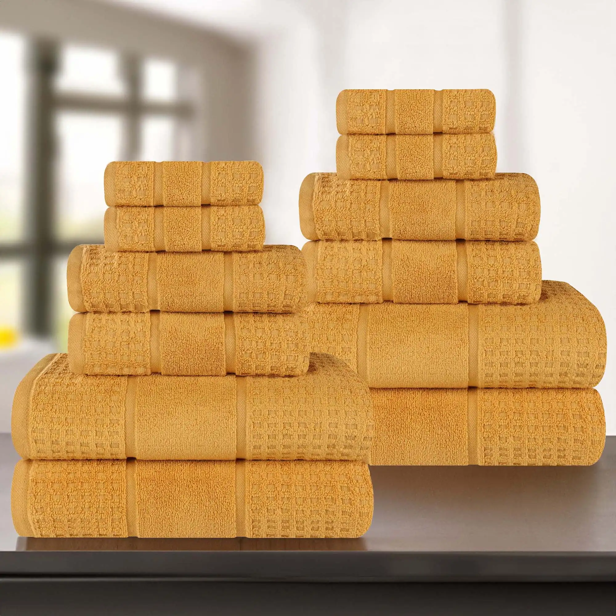 

Zero Twist Cotton Waffle Border 12-Piece Towel Set, Gold