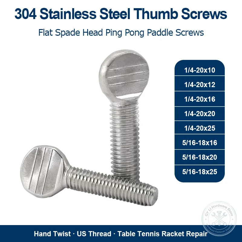 304 Stainless Steel Thumb Screw Flat Head Spade Racket Screw 1/4-20 5/16-18 Hand Twist Ping Pong Paddle Screw 10 12 16 20 25mm