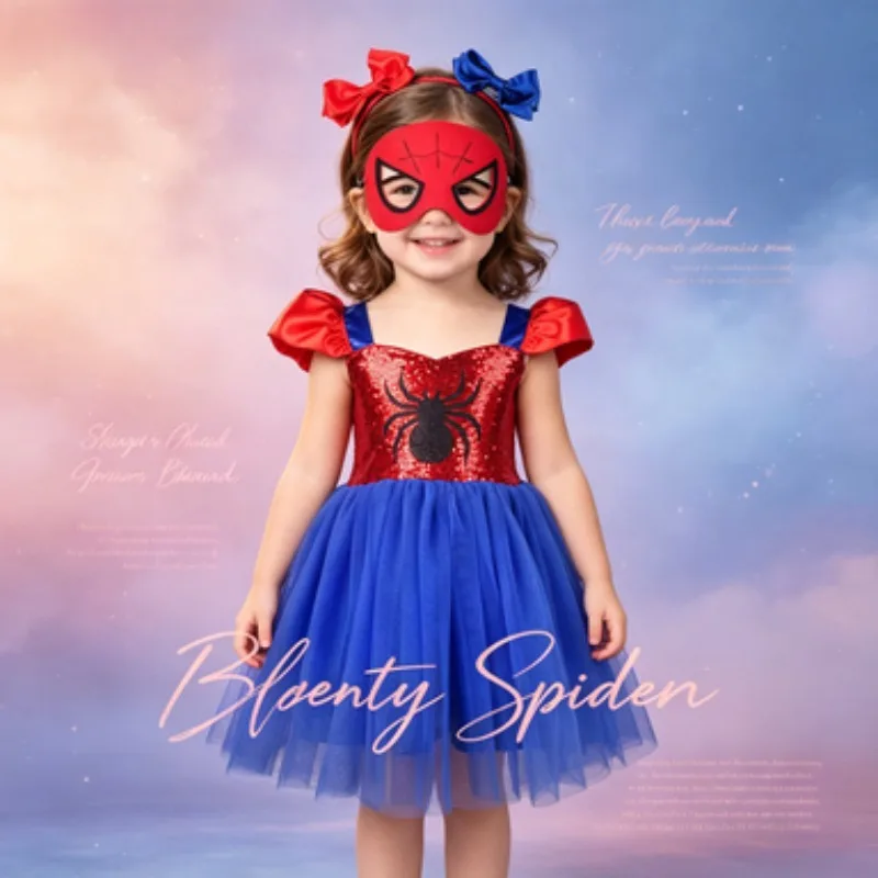 Girls Halloween Spider Pattern Dress Set with Mask and Hair Accessories, Cartoon Themed Festival Party Outfit for Young Kids