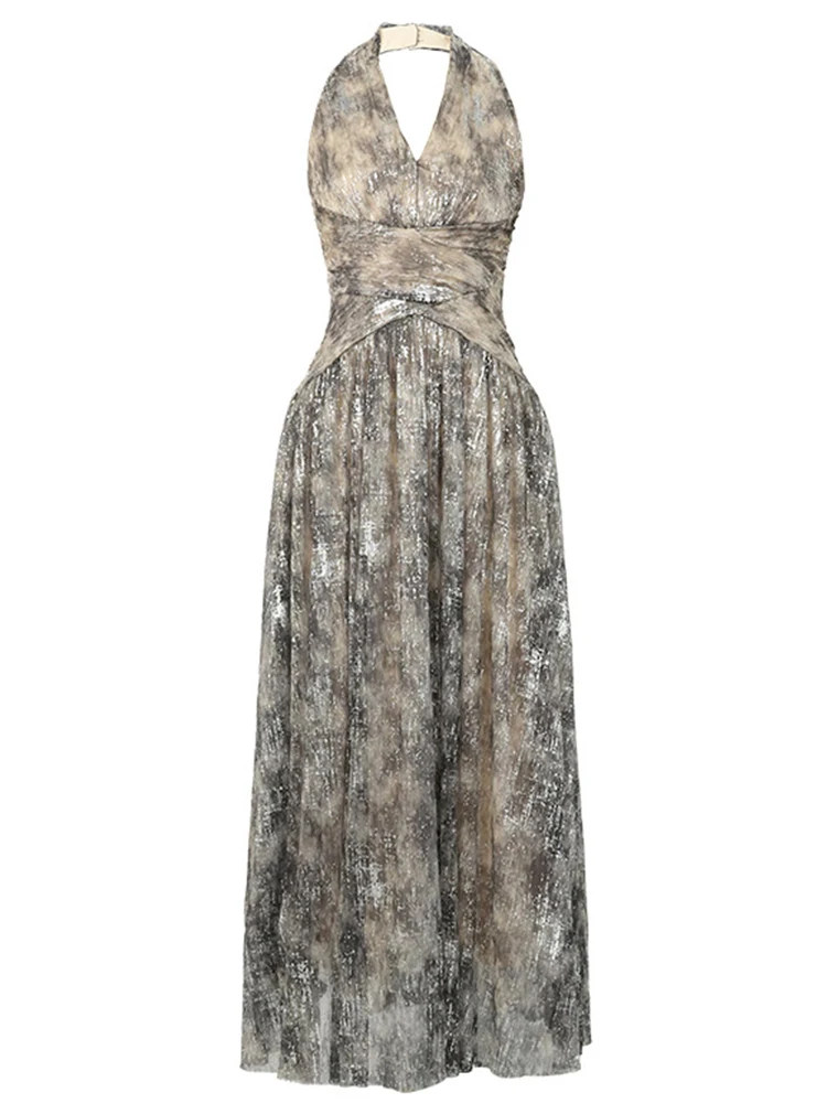 Robe de soirée imprimée argentée scintillante pour femmes, vêtements élégants, Sexy, col licou, Slim, Maxi, fête, Club, bal, nouvelle mode d'été