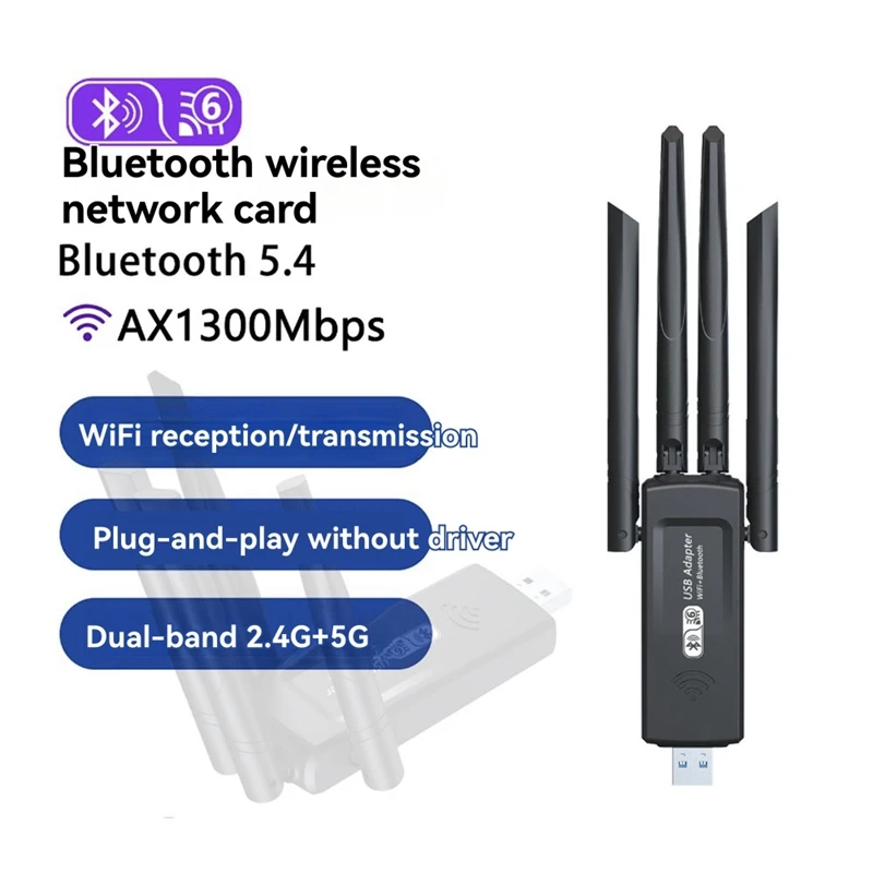 1300Mbps WiFi Network Card 2.4G/5Ghz WiFi6 Bluetooth 5.4 Dongle AX1300 USB 4 Antenna Wireless Receiver for PC Laptop view 3