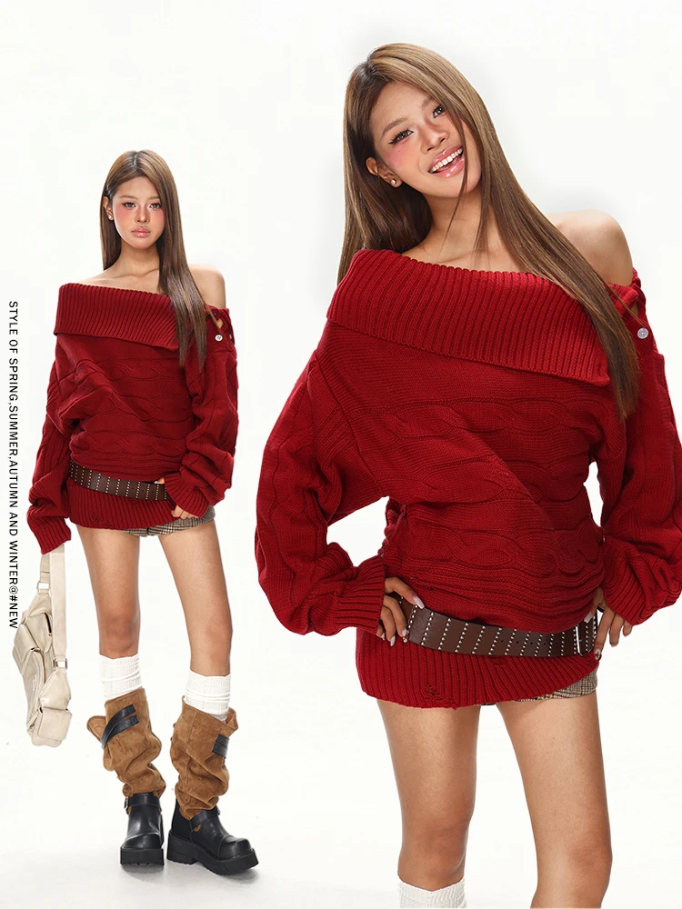 

Red New Year One-oulder Sweater Women Spring Autumn Spicy oulder T-irt Knitwear Loose Fit Long Sve Crew Ne