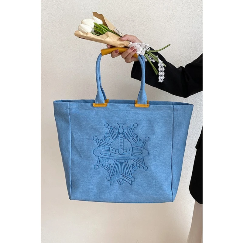 

Blue Denim bag Women Saturn three-dimensional embroidery casual handbag Large capacity commuting shoulder tote bag Tidy