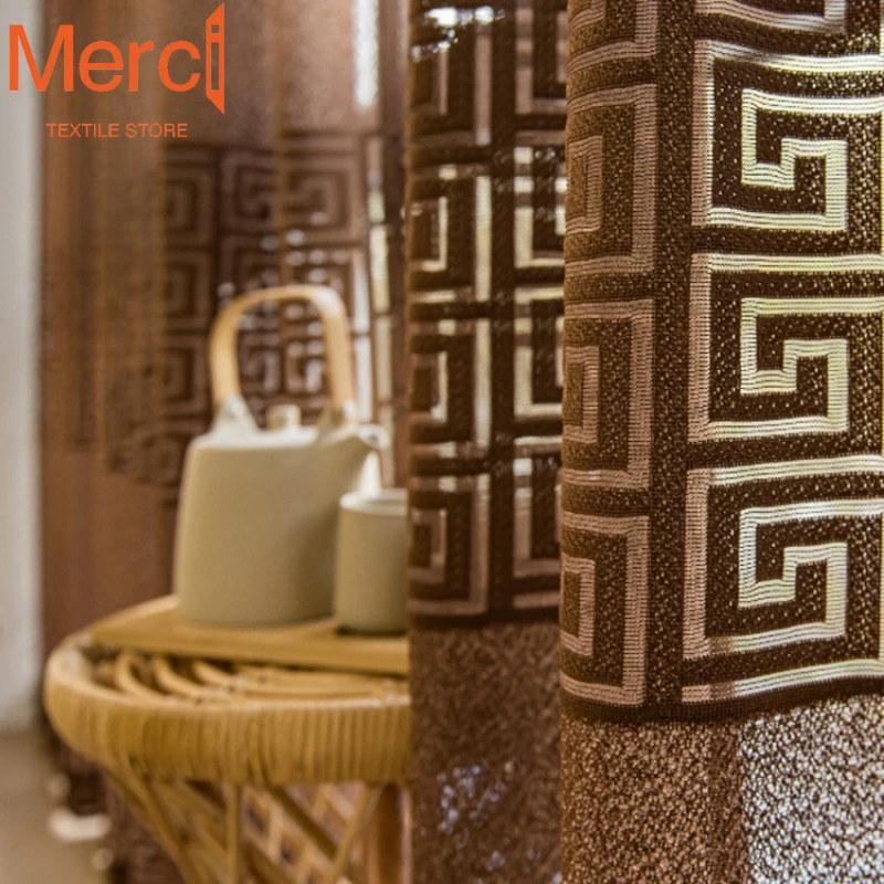 Chinese Classical Style Modern Style White Gauze Coffee Color Zigzag Embroidered Curtains for Living Dining Room Bedroom Custom