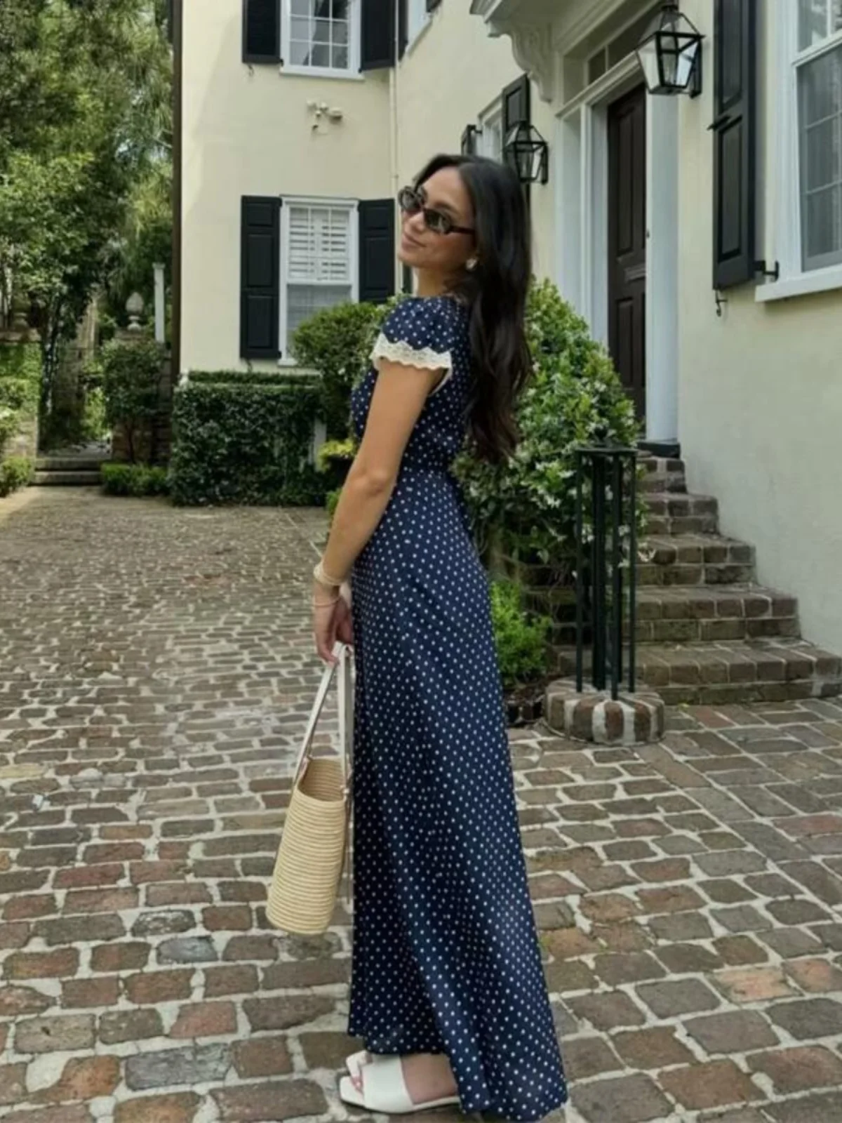 Retro Polka Dot Spitze Spleißen V-ne Schlankheits Design Lange Dr Tea Break A-linie Rock ort Sve Frühling Sommer Herbst frauen...