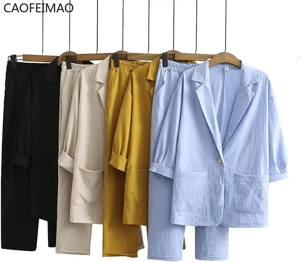 

Summer New Fashion Casual Cotton Linen Suit Top + Pants Two-piece Se Linen Set for Women Women's Suits Set 2 Elegant Pieces