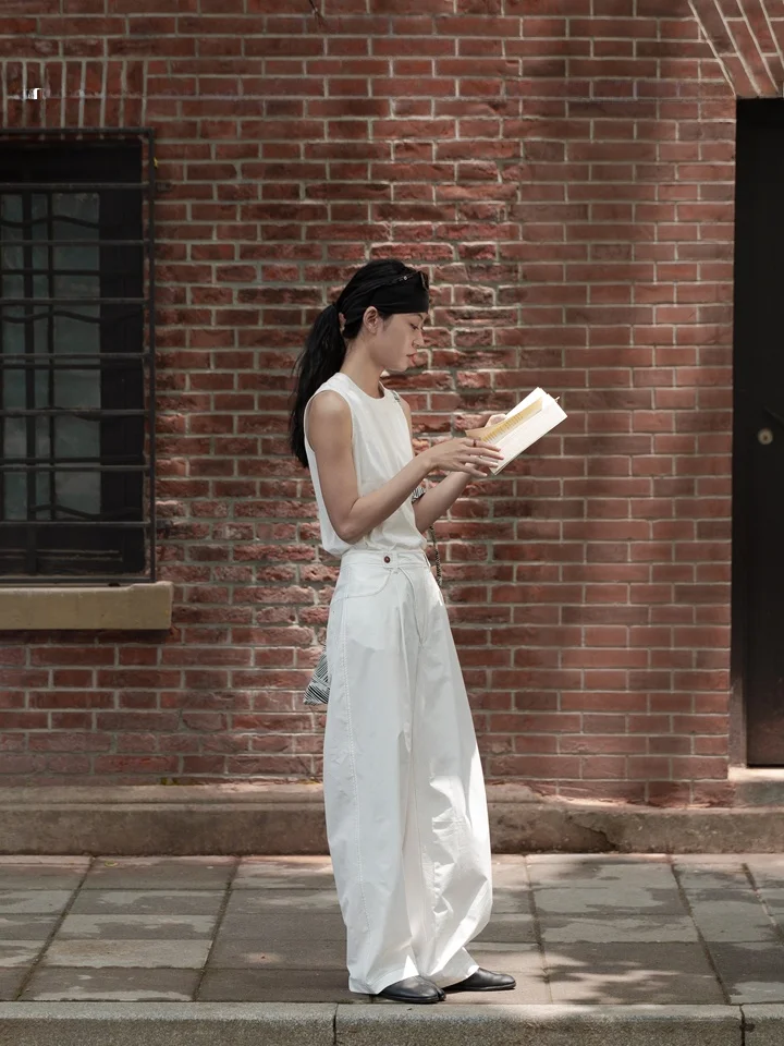 

Оригинальный дизайн, широкие брюки прямого кроя, белые, универсальные, с высокой талией, из смесового хлопка, летние модные женские брюки