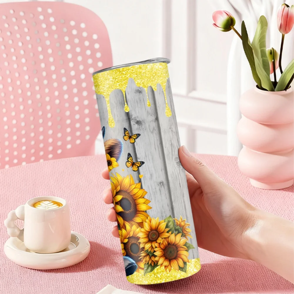 Bild 3: 1 Stück Edelstahl-Wasserflasche/-Becher mit Strohhalm – Kalb- und Sonnenblumenmuster, 20oz (591ml)