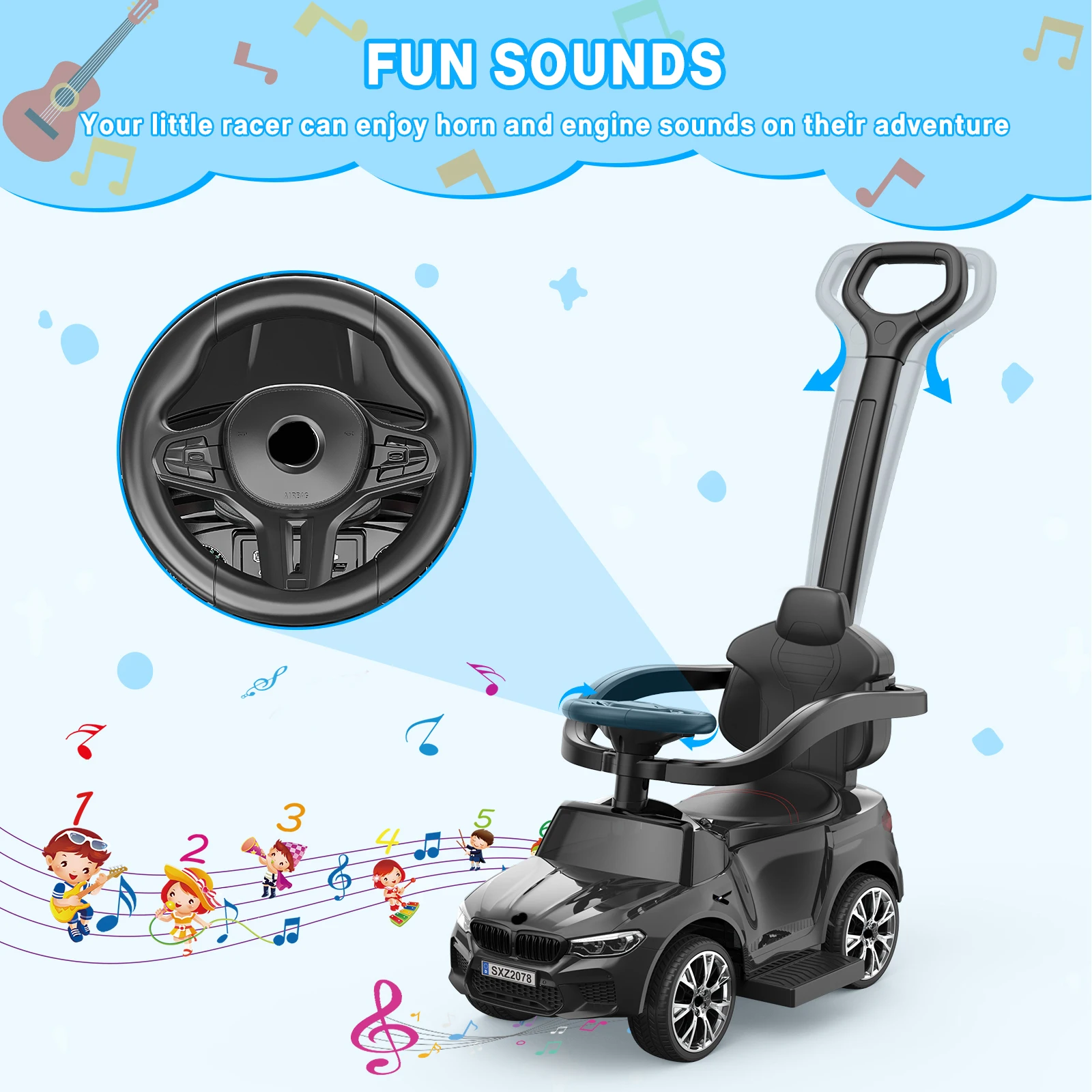 Push Cars for Toddlers 1-3 Boys Girl，4-in-1 Ride On Cars Licensed BMW with Horn Music Led Lights and Controllable Push Handle