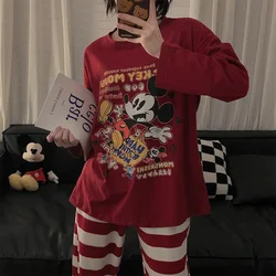 Cartoon Disney Couple Pajamas Autumn Cotton Crew Neck Long Sleeve Pants Two-piece Mickey Mouse Loungewear Women's Pajamas