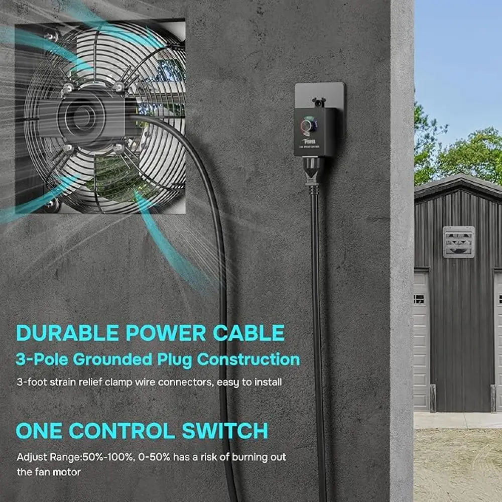 Ventilatore di scarico per otturatore da parete da 14 pollici con regolatore di velocità e kit cavo di alimentazione, alluminio, 1600 giri/min, 1000 CFM, per soffitta