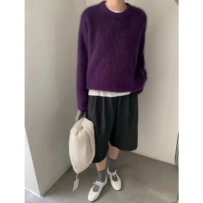 

Soft waxy fufu purple pullover sweater for women Fashion Hot Style autumn and winter outer wear loose lazy furry knitted tops