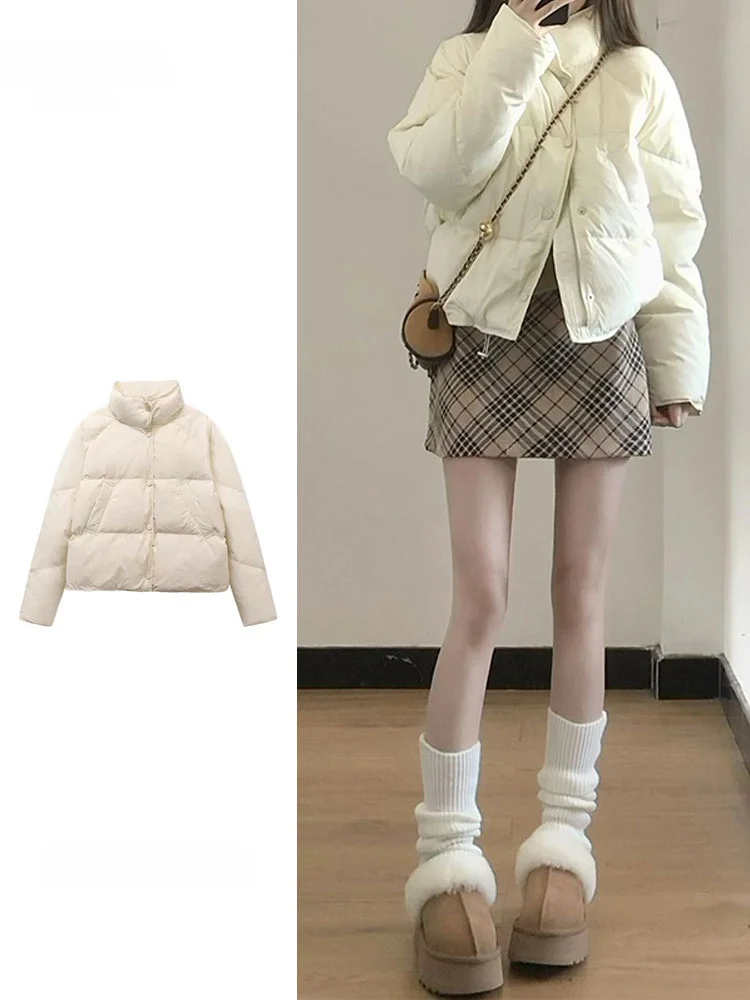 

Puffy White Short down Cotton Jacket Women's Winter Thickened Warm Bread Style Korean Version Loose Fit Long Sleeve Coat