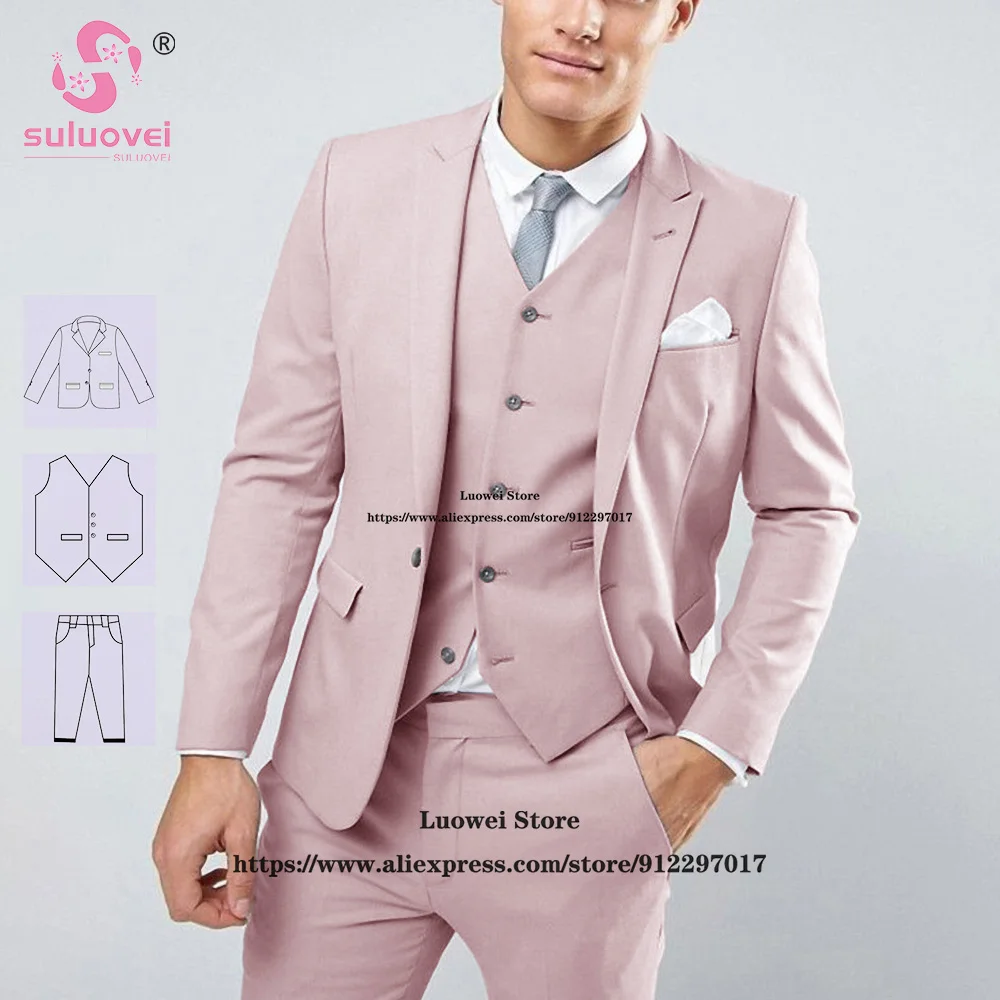 Fashion Light Grey Suits For Men Slim Fit 3 Piece Jacket Vest Pants Set Groom Wedding Peaked Lapel Tuxedo Business Costume Homme