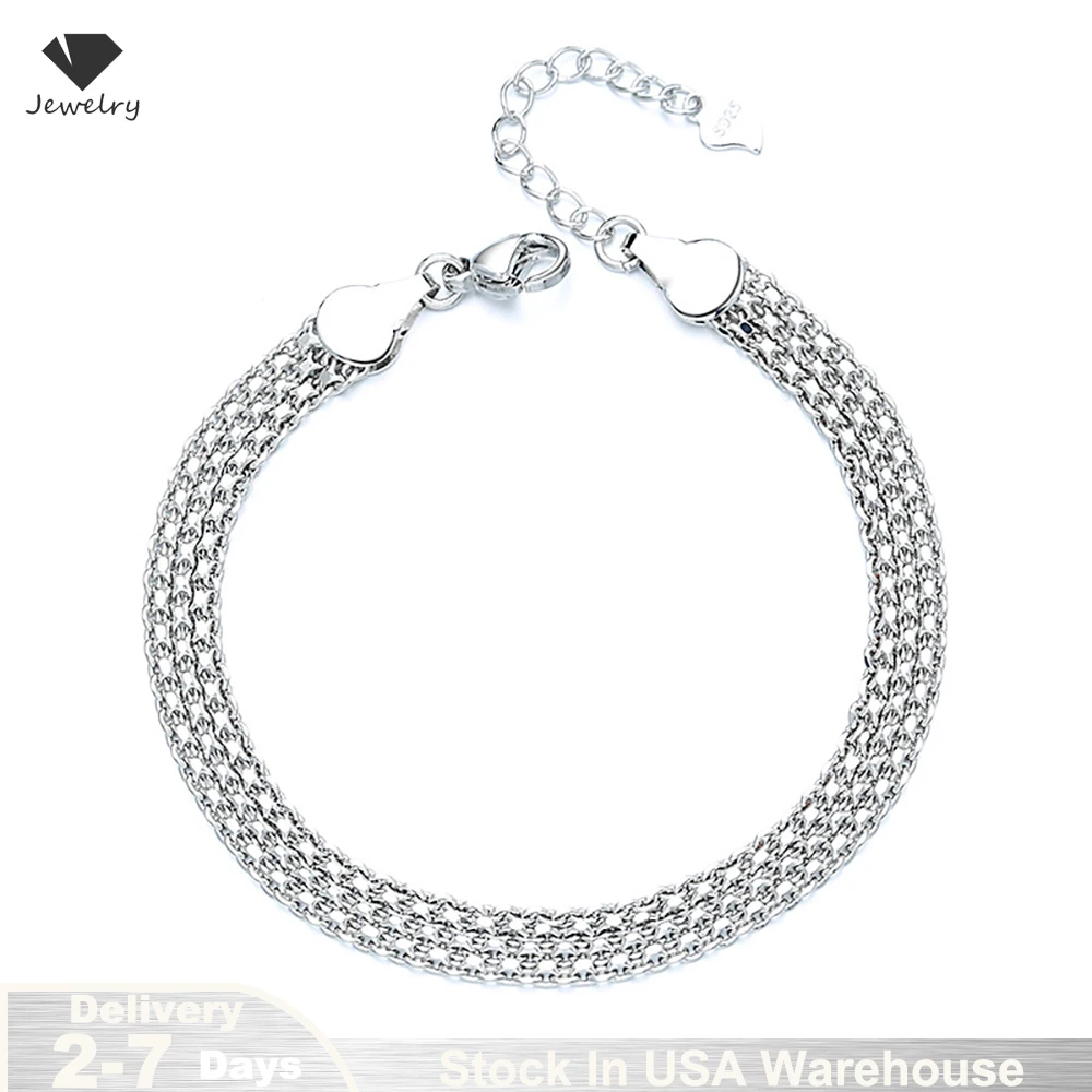 

925 Sterling Silver 16+5cm Simple Bracelets for Women Men Geometry Wide Face Weaving Link Chain Bracelet Jewelry Ships from USA