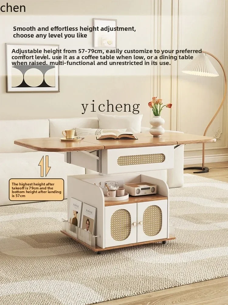 modern cream style home living room multi-functional storage folding lifting pulley movable coffee table