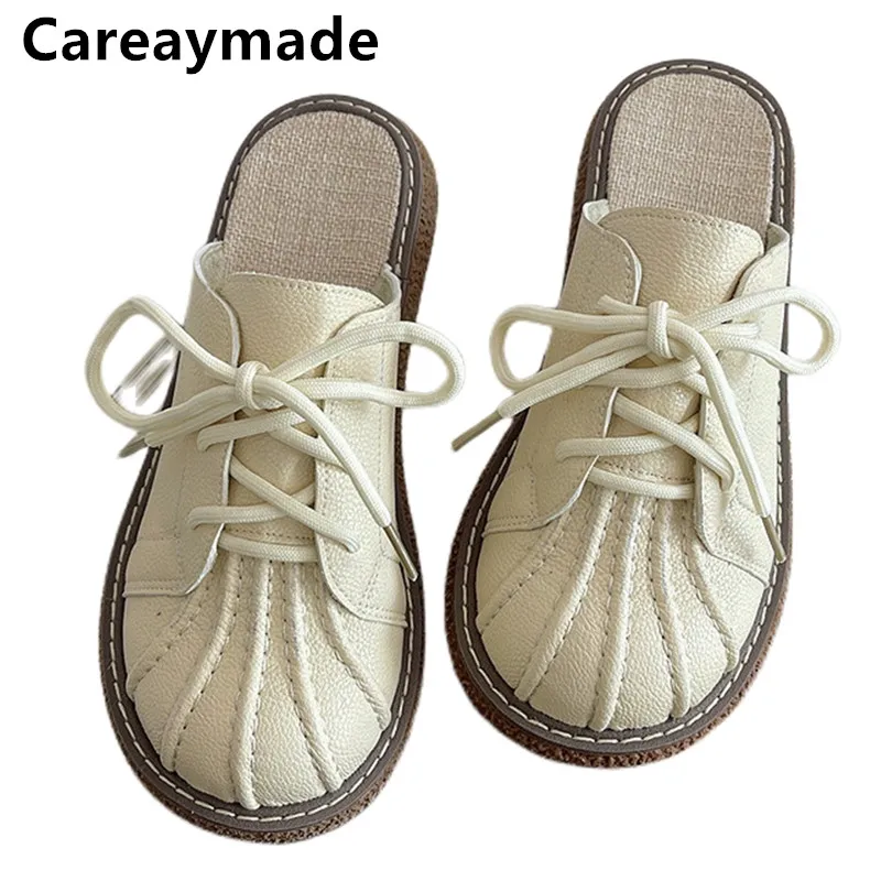 Careaymade-Genuine Leather Literature Art Summer Lazy Flat Shoes Comfortable Slippers Women\'s Leisure Lace up Little White Shoes