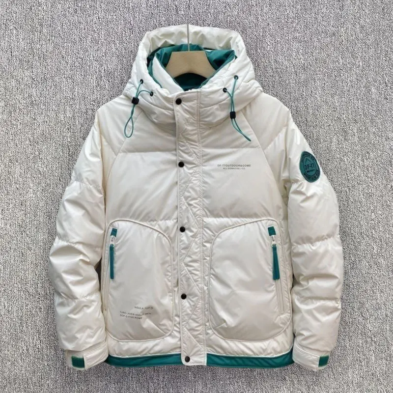Winter Man Thick Warm Down Jacket Hip Hop Men's Workwear Hooded Jacket Disposable Windproof Cargo White Duck Down Jacket