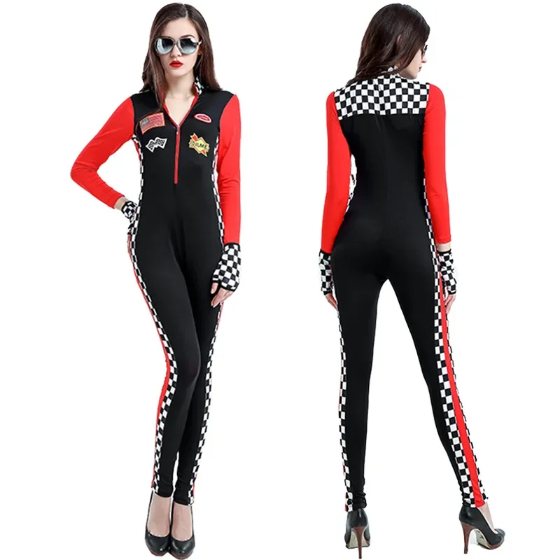 Women Sexy Racer Costume Stretchy Race Car Driver Costume Long Sleeves Racing Girl outfit with Gloves Halloween Cosplay Costume