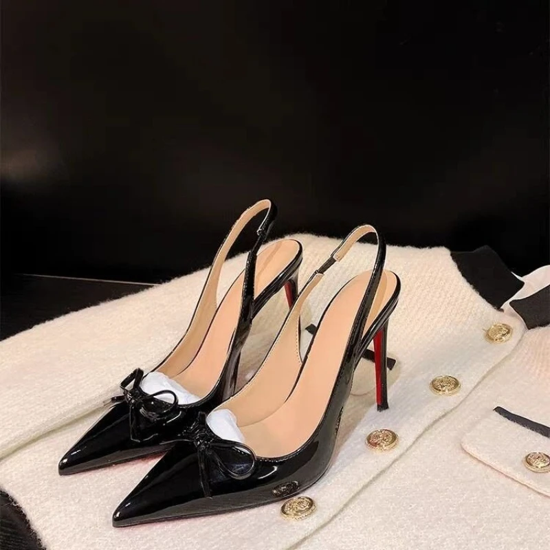 

Luxury Designer Bow High Heels for Women Sexy Pointed-toe Patent Leather Bohemian Style Slip-on High-heeled Sandals for Summer