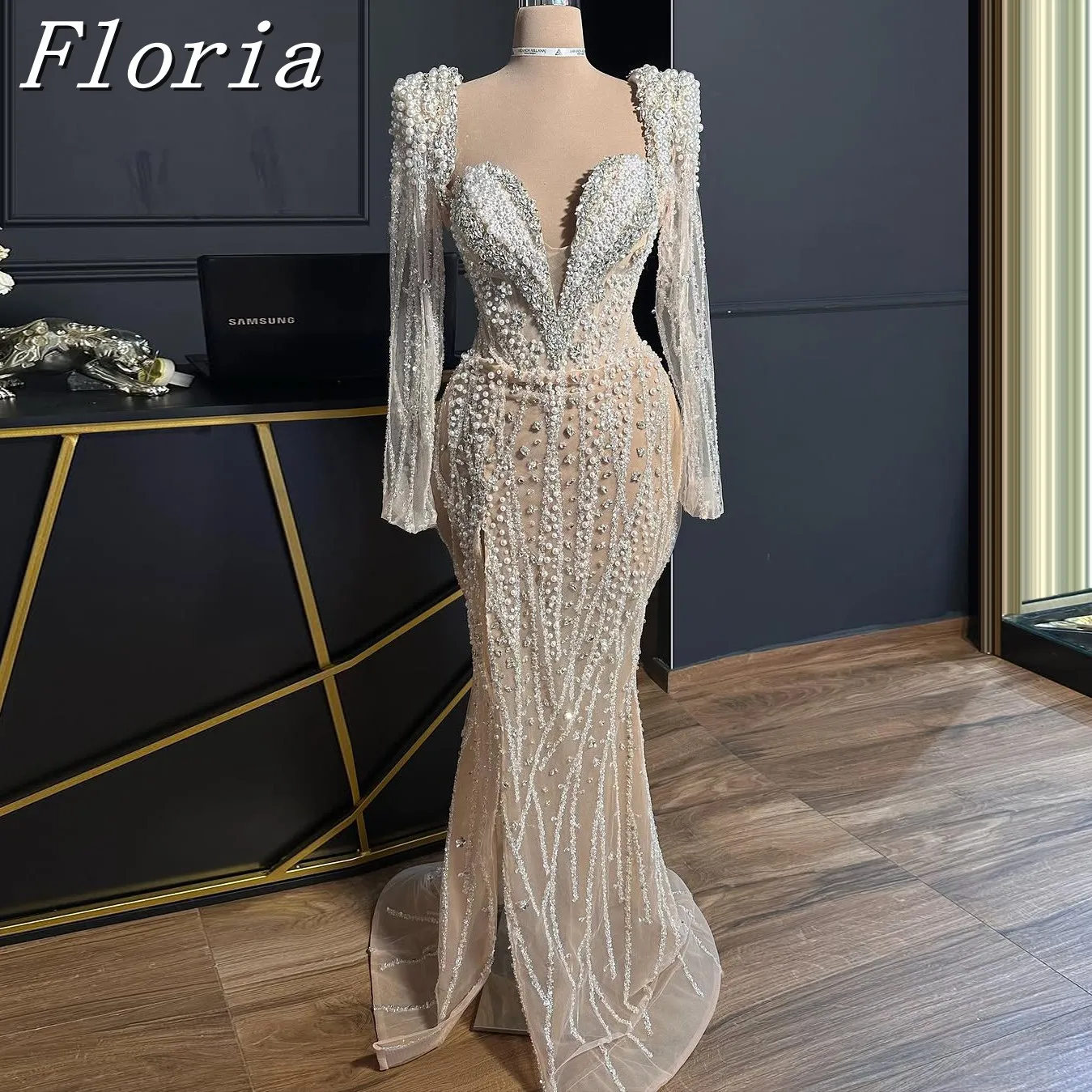 فستان سهرة بحورية البحر من Glamorou برقبة على شكل حرف v وأكمام طويلة لؤلؤي طويل مخصص من Aso Ebi فستان رسمي لحفلات الزفاف