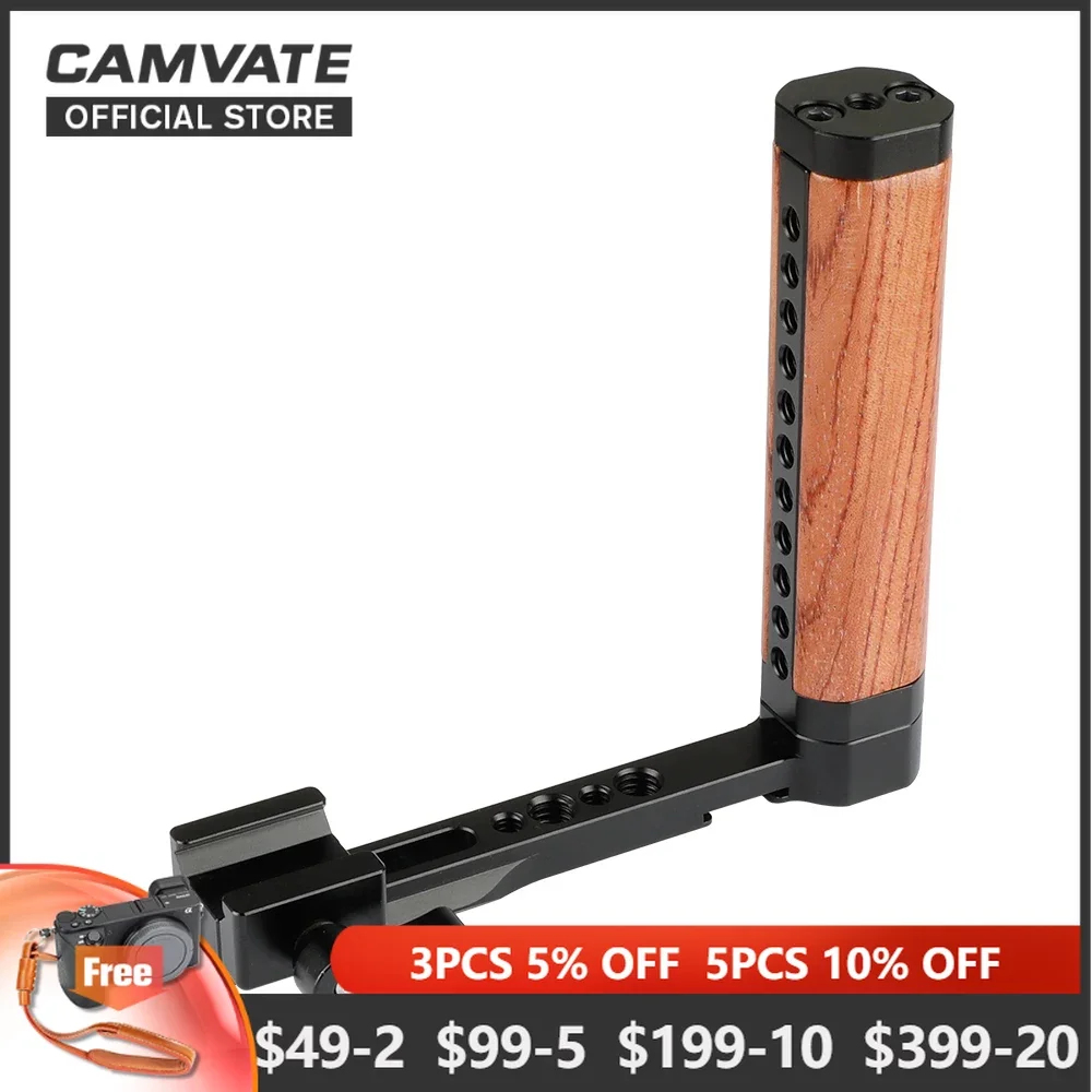 

CAMVATE L- Shape NATO Wooden Handle Grip With Cold Shoe Mount & 1/4"-20 Threaded Holes For Monitor,LED Light,Microphone Mounting