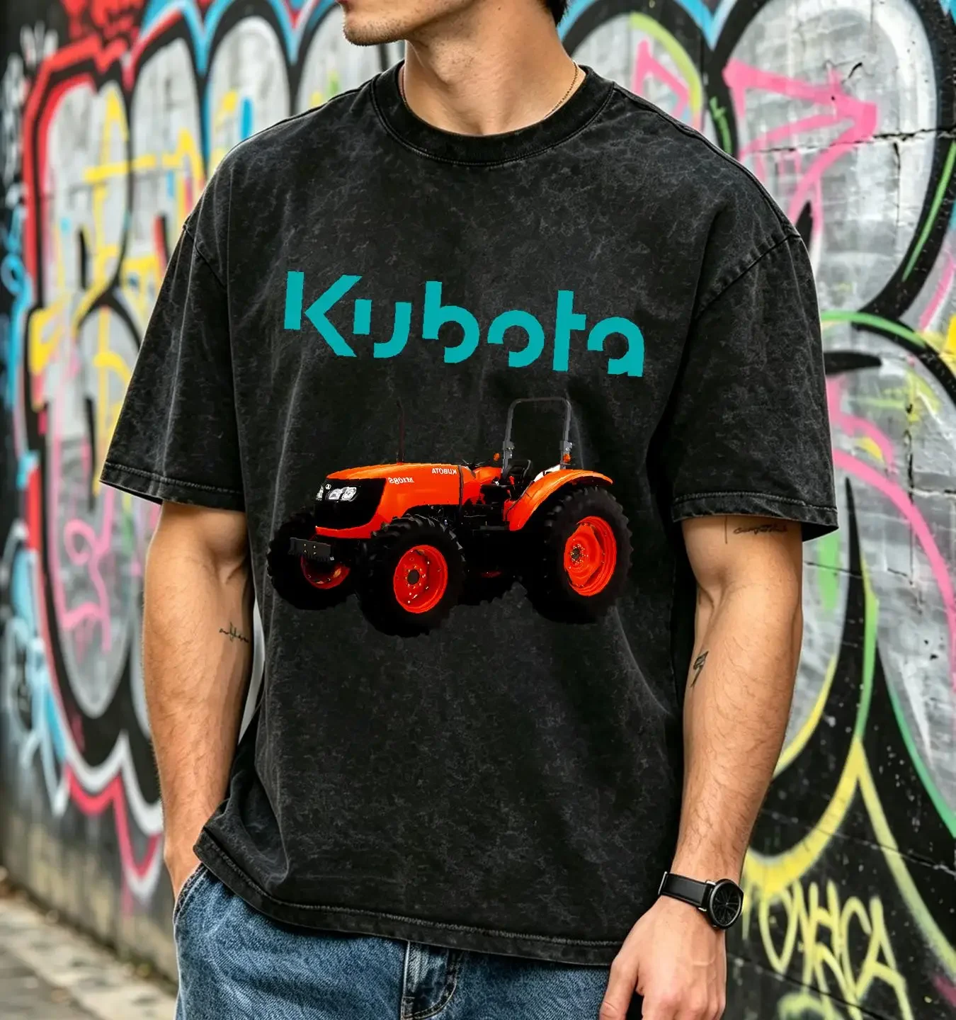 washed T Shirt Kubota Tractor Farm Logo Men's Black Size S to 3XL vintage Washed Top For Everyday Wear homme Soft streetwear