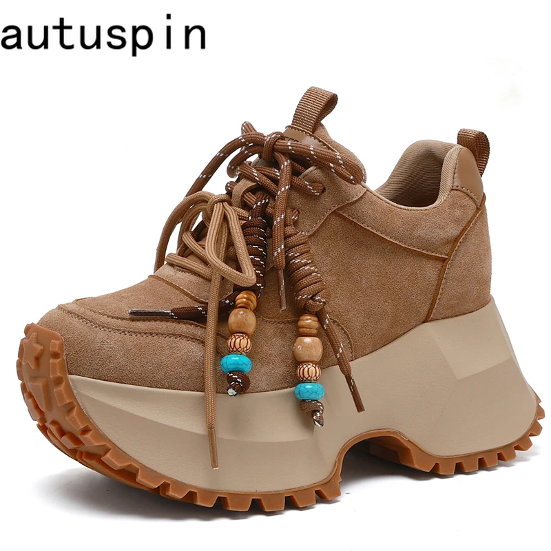 

AUTUSPIN массивные кроссовки из натуральной замши, женские зимне-осенние коричневые туфли в стиле ретро, женская уличная обувь на высокой платформе