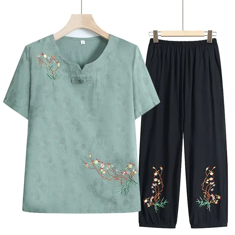 2pcs/Set Women T-shirt Pants Homewear Set Loose Two-piece Floral Animal Print Sleepwear Set Middle-aged Z189