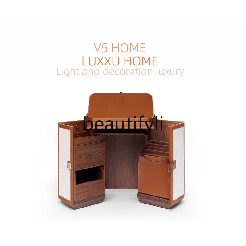 Italian light luxury bedroom solid wood leather foldable saddle leather storage cosmetic cabinet multi-layer storage