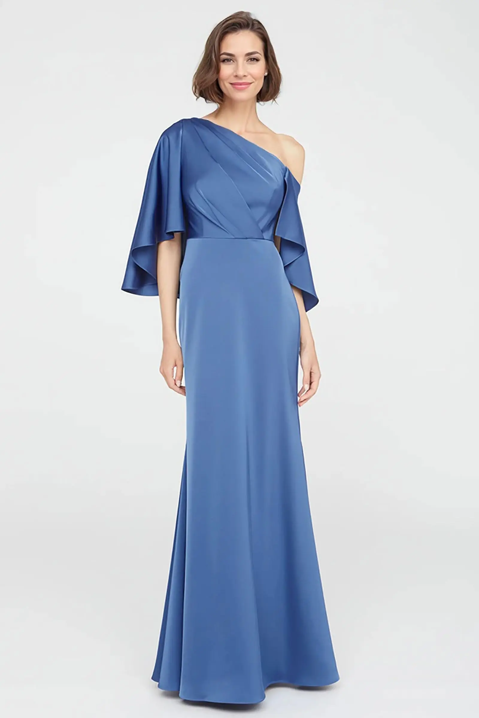 

Satin One Shoulder Dresses for Women Asymmetric Neck Cape Sleeve Floor Length Formal Mother of The Bride Dresses