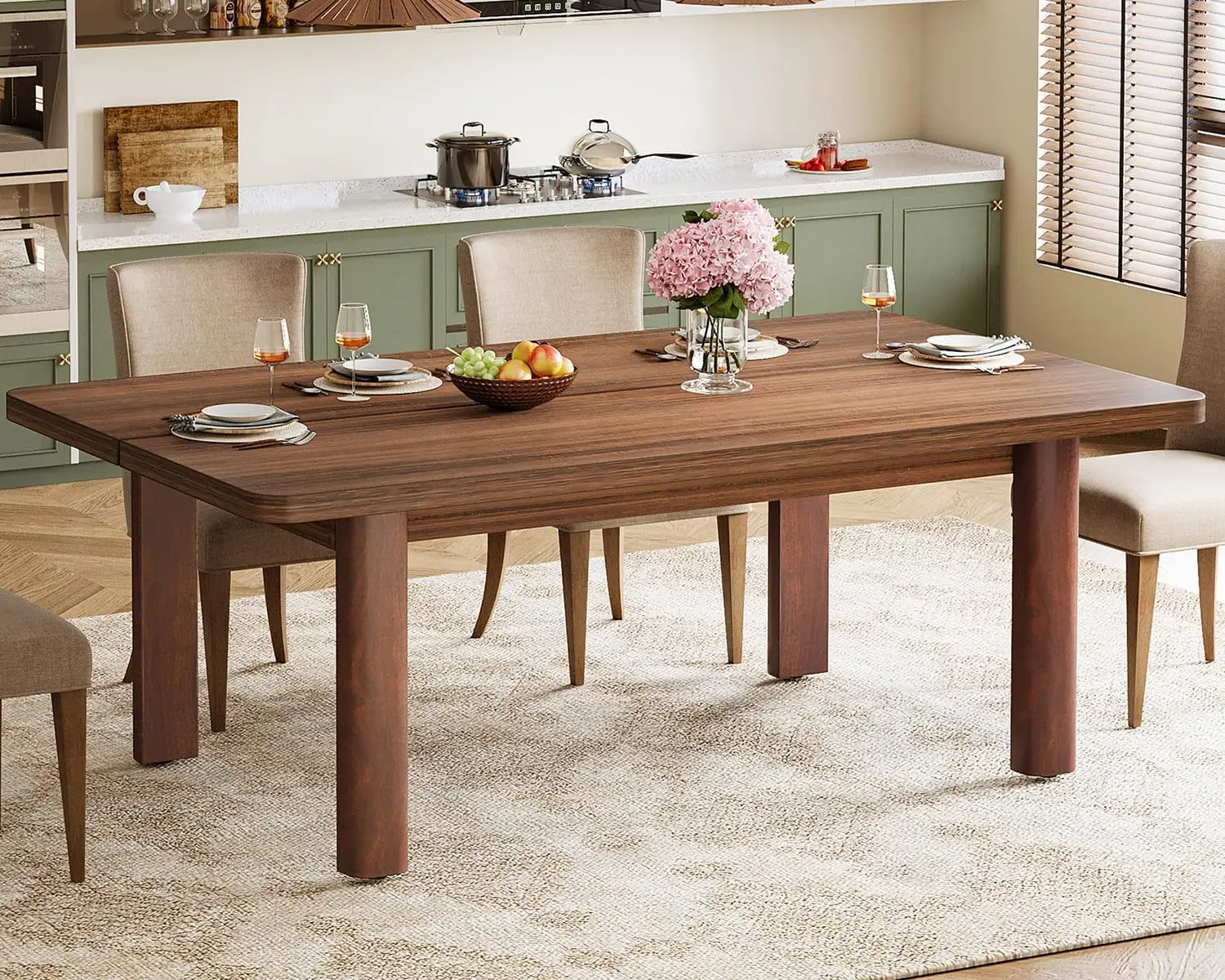 Farmhouse Dining Table for 4-6 People, 63-Inch Wood Kitchen Table with Solid Wood Legs, Rectangular Dinner Table for Dining Room