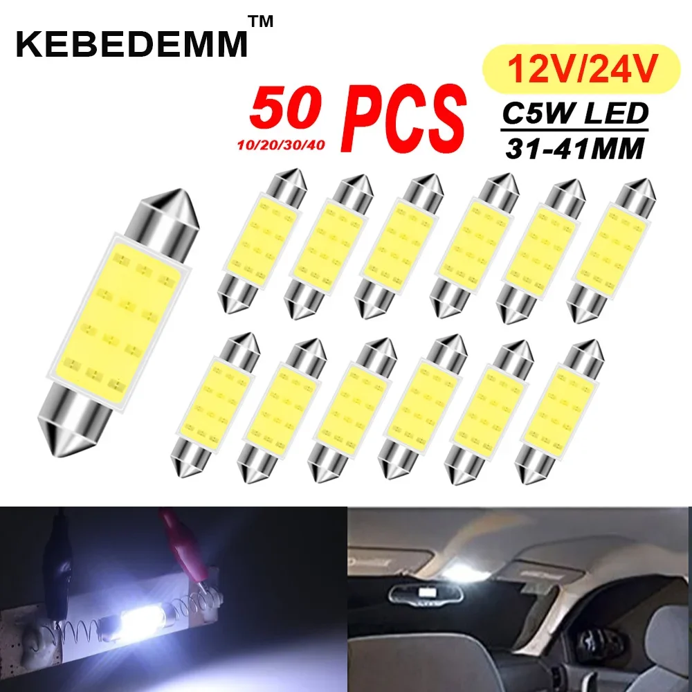 10/30/50PCS C10W C5W LED Bulb Festoon 31/36/39/41mm 12V 24V COB 6500K White Car Interior Dome Reading Trunk License Plate Lights