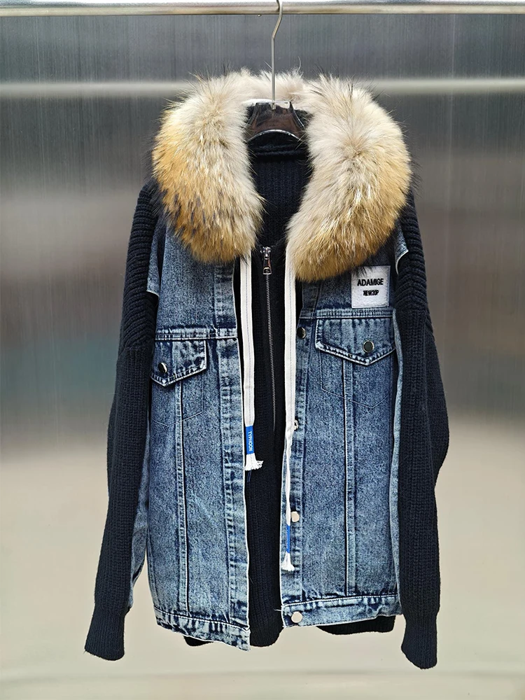 2025 Women Autumn Luxury Real Raccoon Fur Collar Hoodie Knitting Thick Denim Cloth Sweater Hooded Coat