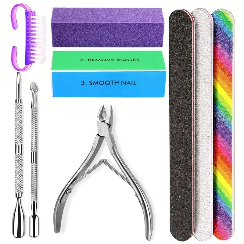 Professional Stainless Steel Nail Scissors Cuticle Pusher Cleaning Brush Double Sided Nail File Buffer Nail Care Kit