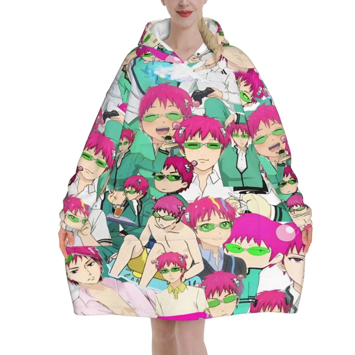 Saiki K Anime Blanket Hoodie Wearable Blanket Oversize with Pocket Warm Sleeping Bag Soft Cozy Onesie