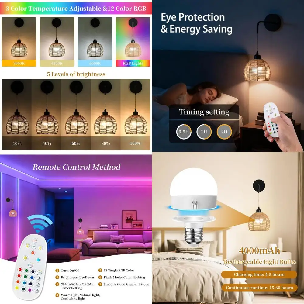 

Battery Operated Rattan Wall Sconces Set, 15-Color Dimmable, Rechargeable for Home Decor