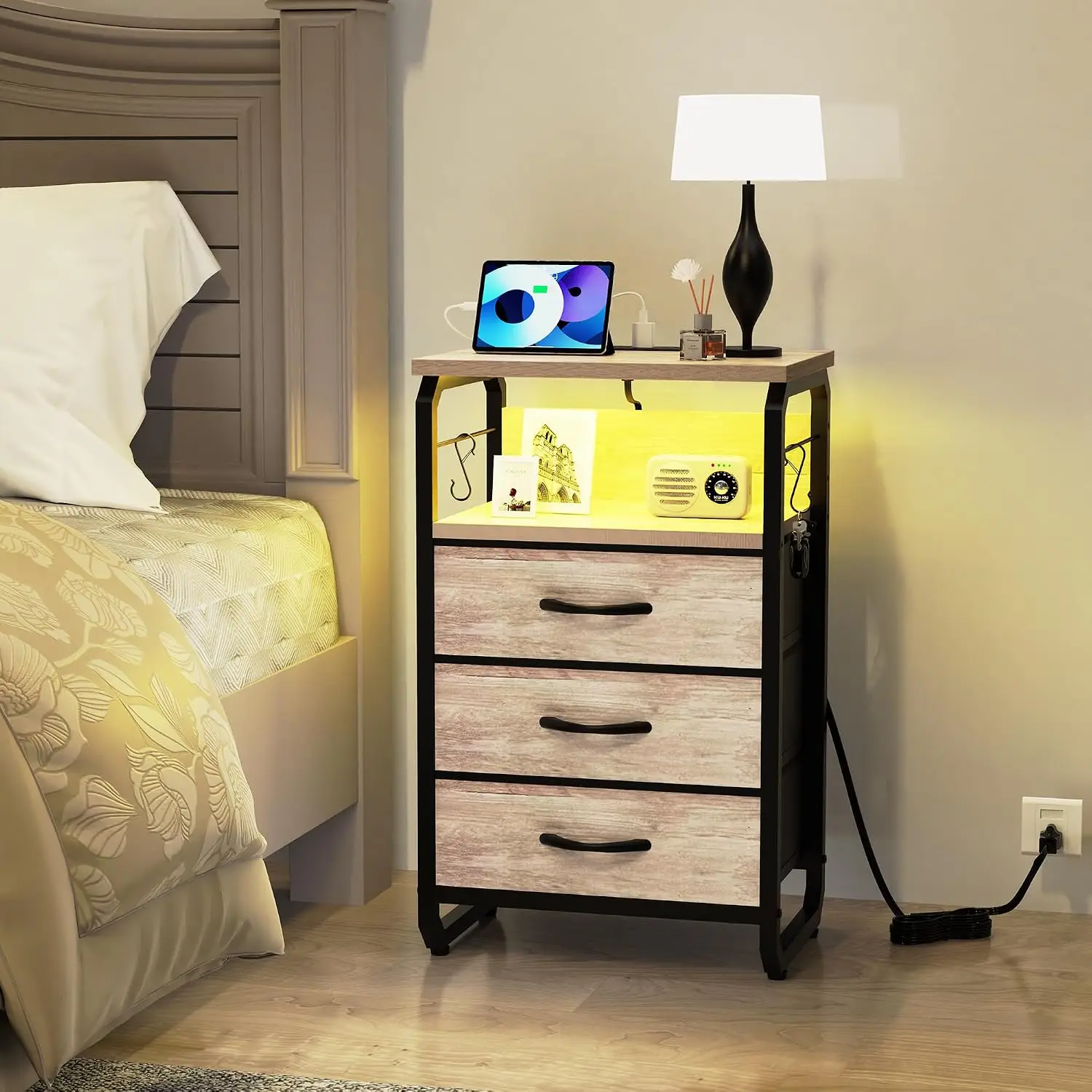 End Tables Set of 2 with Charging Station, LED Light, Hooks, Greige | 3 Large Fabric Drawers, USB C Ports & Power Outlets, Metal