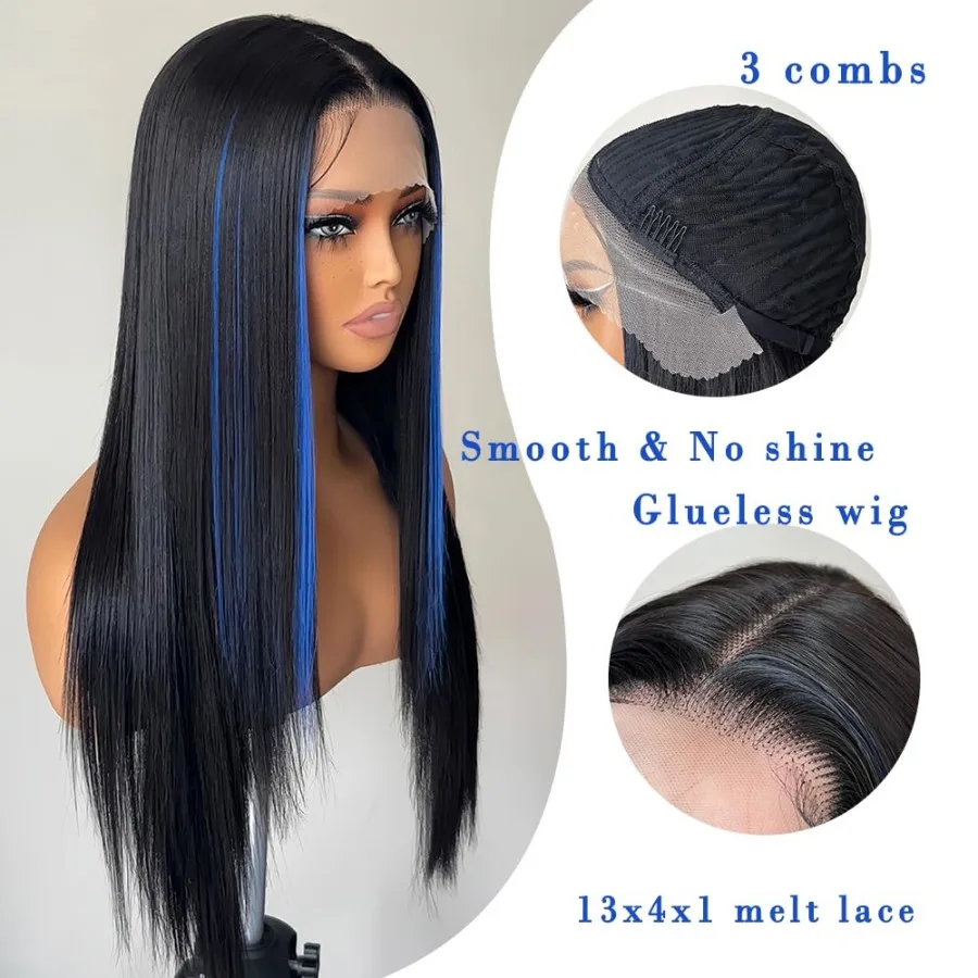 باروكة صناعية طويلة مستقيمة بدون صمغ بدانتيل أمامي للنساء مع شعر أطفال منزوع مسبقًا 26 بوصة لون أزرق منتصف الليل مثالي لكل منها #2