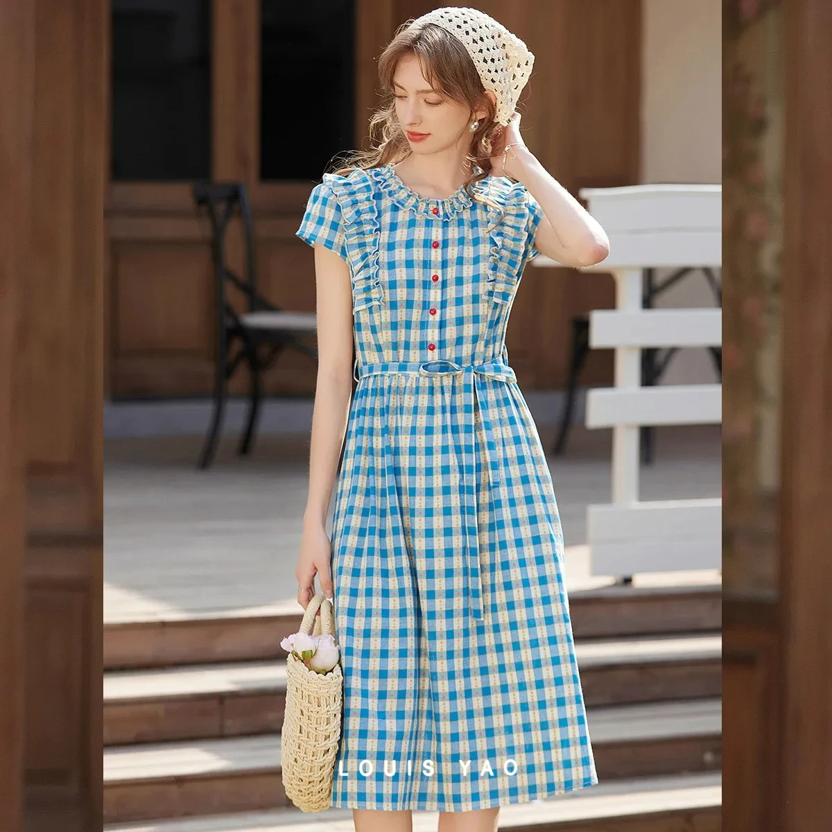 

LOUIS YAO Women's Dresses 2026 Summer Fresh Plaid Ruffle Trim Patchwork Puff Sleeve Casual Maxi Dress Sweet Women Long Dress