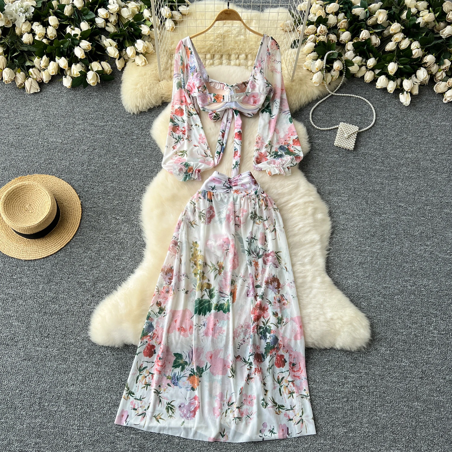 Beach Vacation Sets For Women 2 Pieces Printed Long Sleeve Cropped Tops And Split Midi Skirt New In Matching Sets