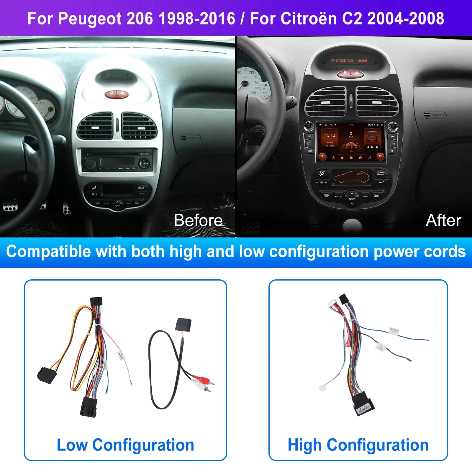 Podofo 7-Zoll CarPlay Android Autoradio für Peugeot 206 1998-2016 Citroen C2 2004-2008 Auto-Multimedia-Player 2din GPS Stereo Auto-Intelligentes System RDS Autoradio Auto-Navigation