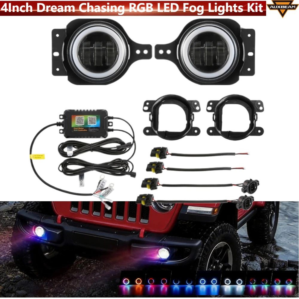 

AUXBEAM 4 Inch RGB LED Fog Lights with Turn Signal & Brackets for Jeep Wrangler JL 2018-2024 JK 2007-2018 Multi Control