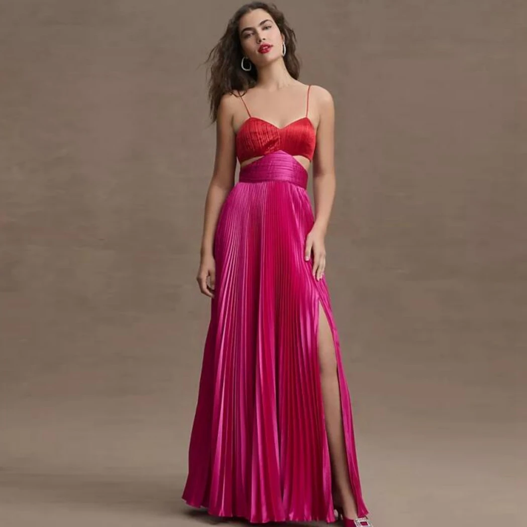 Fuchsia Spaghetti Strap Bicolor Floor Length Evening Dresses For Women Custom Made A-line Prom Dress With Slit Cutout Gowns